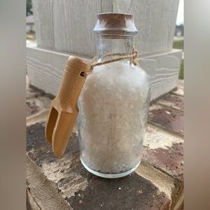 Glass Jar with Wooden Scoop and White Bath Salts